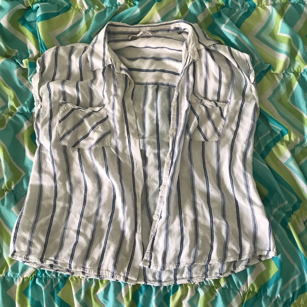 blue and white striped button up shirt